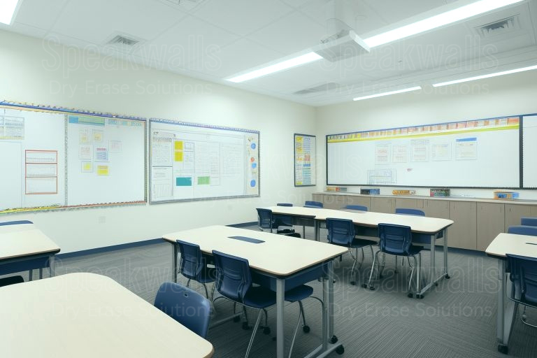 An image of erasable wall coverings applied in niche private schools for modern education.